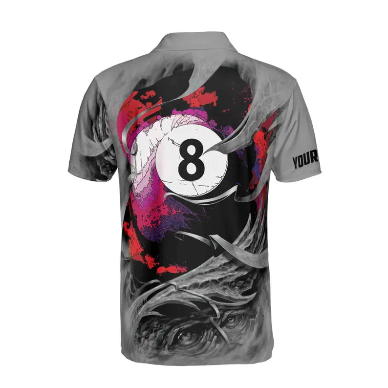 Custom Name Gray Skull Billiard 8 Balls Skeleton Pool Men's Polo Shirt