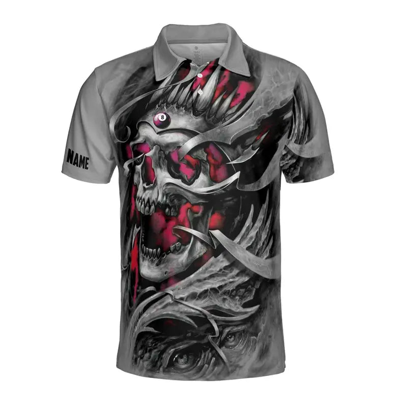 Custom Name Gray Skull Billiard 8 Balls Skeleton Pool Men's Polo Shirt
