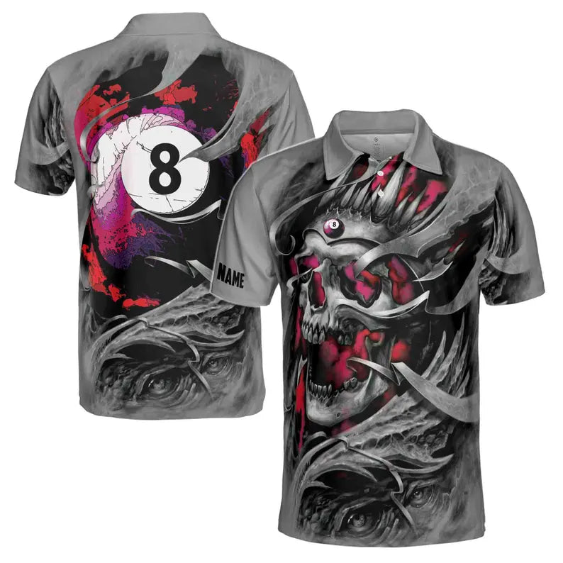 Custom Name Gray Skull Billiard 8 Balls Skeleton Pool Men's Polo Shirt