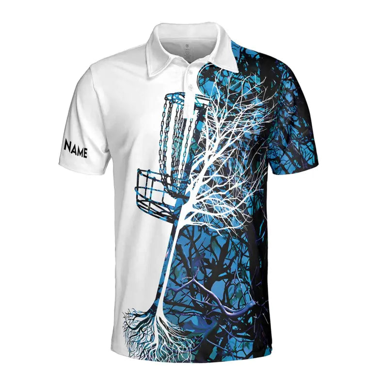 Men's Disc Golf Polo Shirt: Custom Name Blue Camo Design