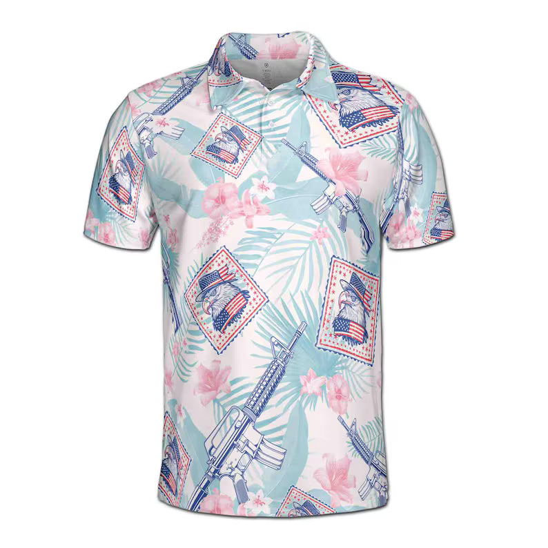 Floral American Flag Eagle Men's Polo Shirt: Funny 4th Of July Patriotic Menswear