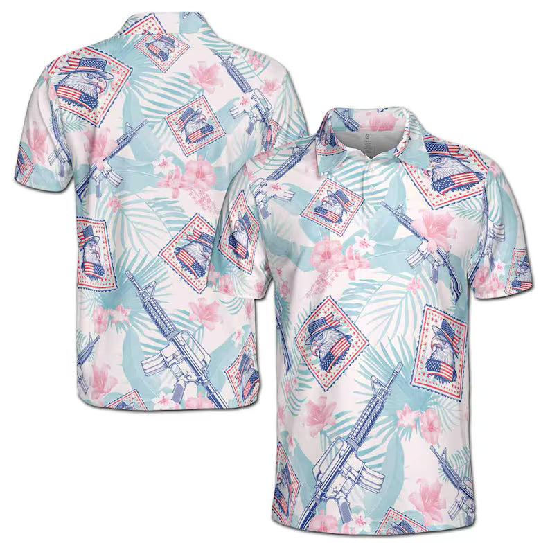 Floral American Flag Eagle Men's Polo Shirt: Funny 4th Of July Patriotic Menswear