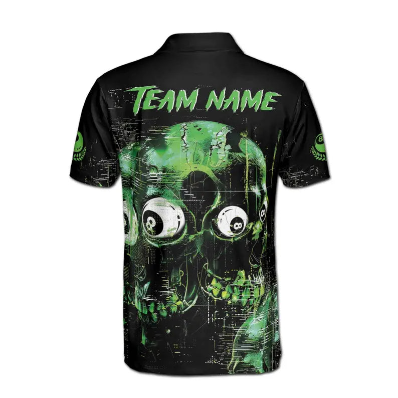Custom Billiard Men's Polo Shirt: Green Skull 9 Ball Design