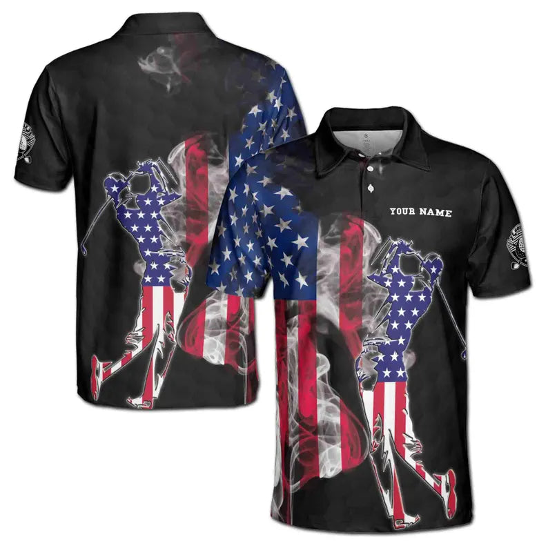 Custom Name American Smoke Flag Golfer Silhouette Men's Polo Shirt