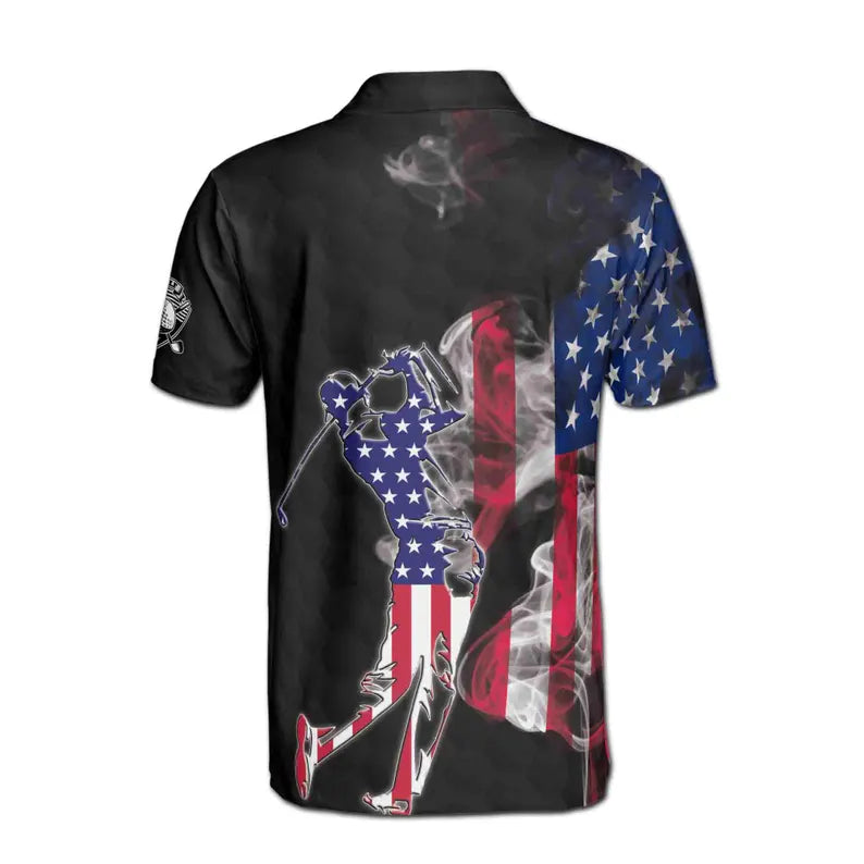 Custom Name American Smoke Flag Golfer Silhouette Men's Polo Shirt