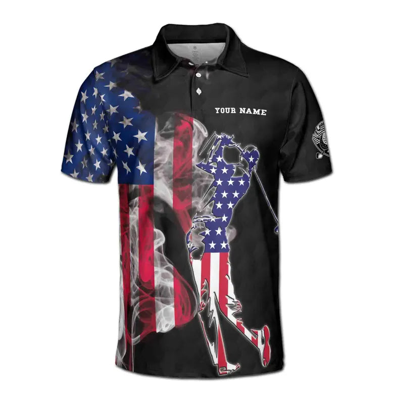Custom Name American Smoke Flag Golfer Silhouette Men's Polo Shirt