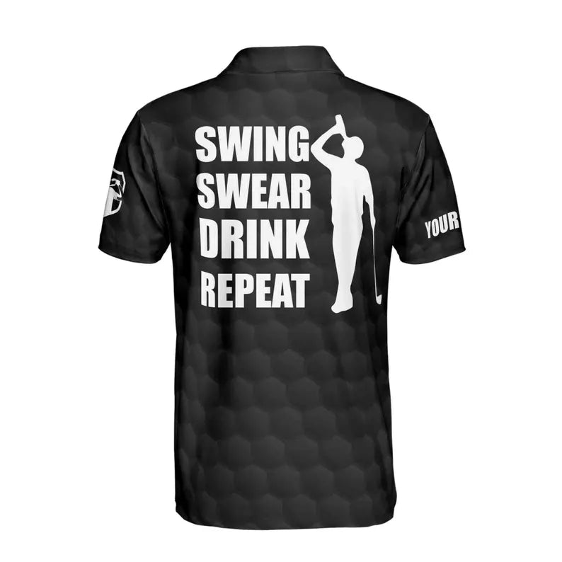 Custom Name American Golf Swing Swear Drink Repeat Polo Shirt