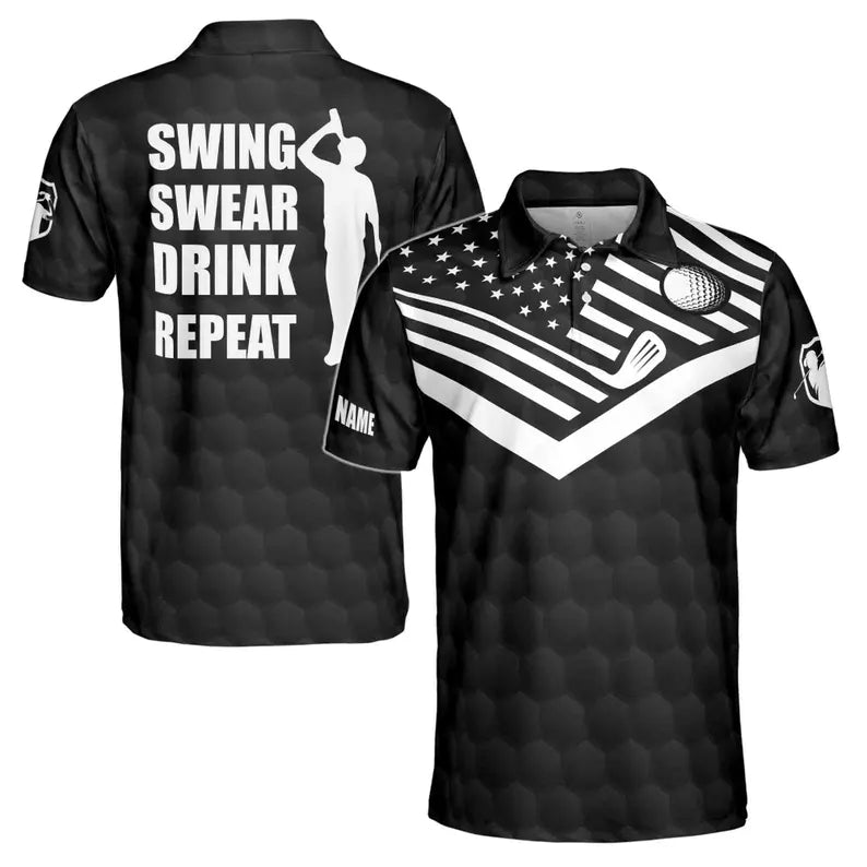 Custom Name American Golf Swing Swear Drink Repeat Polo Shirt