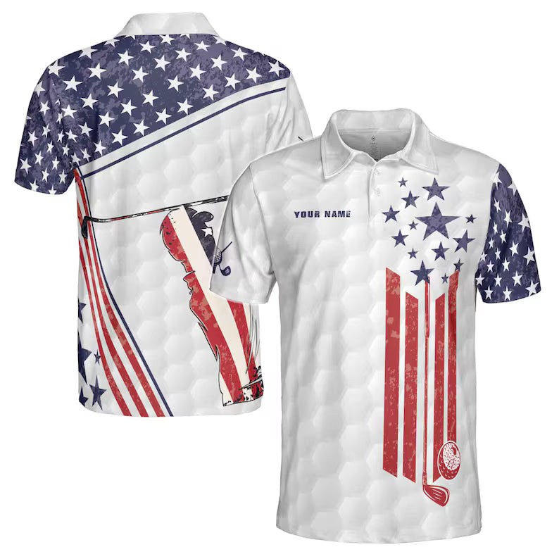Custom Name American Retro Flag Golfer Silhouette Men's Polo Shirt