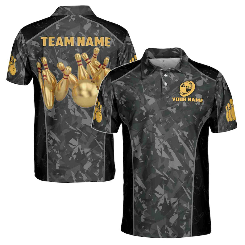 Custom Name Team Name Gold Bowling Ball In Dark Men's Polo Shirt