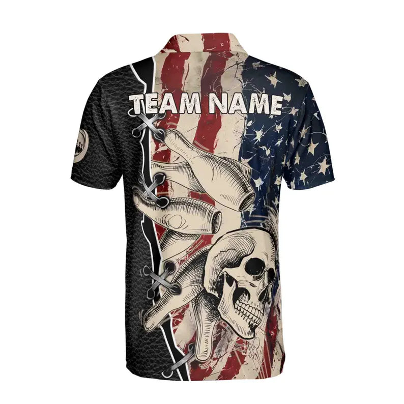 Customize Name Team Name Retro Skul American Flag Bowling Men's Polo Shirt
