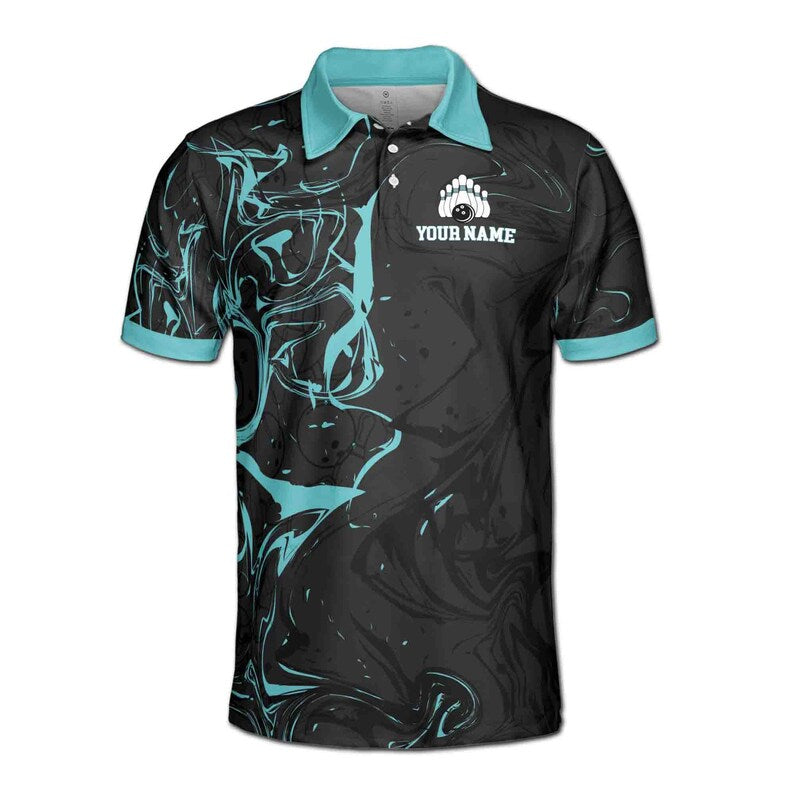 Custom Name, Team Name Teal Marble Bowlling Ball Men's Polo Shirt