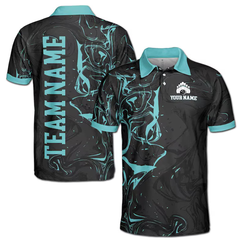 Custom Name, Team Name Teal Marble Bowlling Ball Men's Polo Shirt