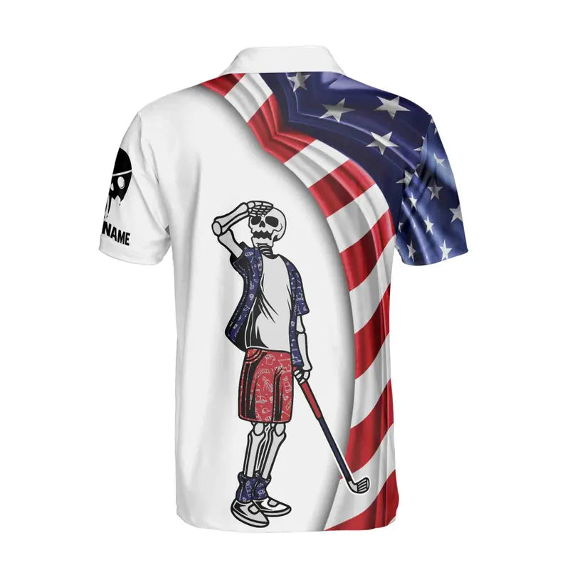 Custom Name USA Flag Skull Golf Men's Polo Shirt