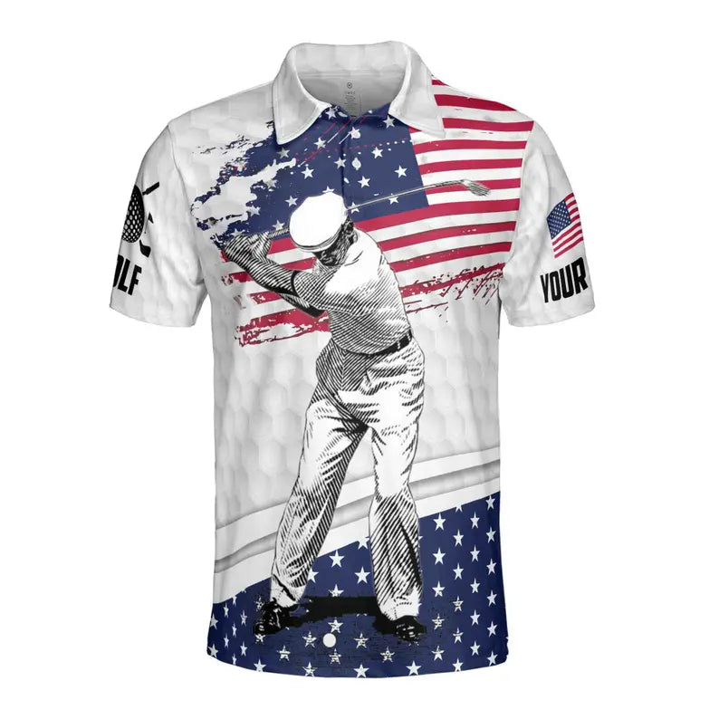 Funny American Golfer, Retro American Flag USA Team Golfing Men's Polo Shirt