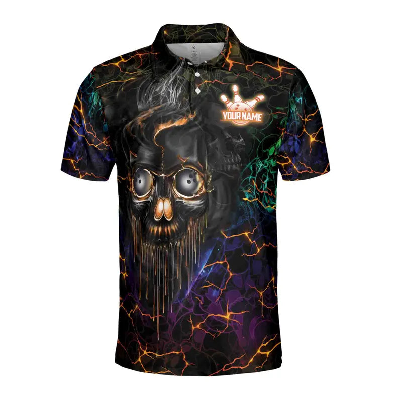 Custom Name Skull Bowling Polo Shirt: Neon Lighting Skull Bowl Design