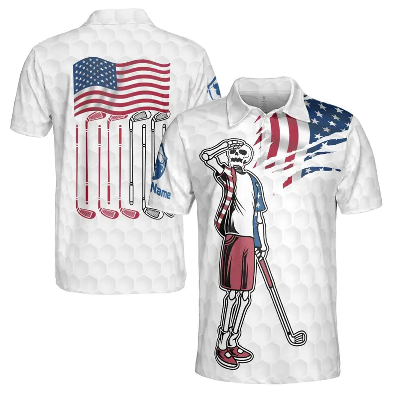 Custom Name Golf Men's Polo Shirt: Funny Skeleton American Flag Design