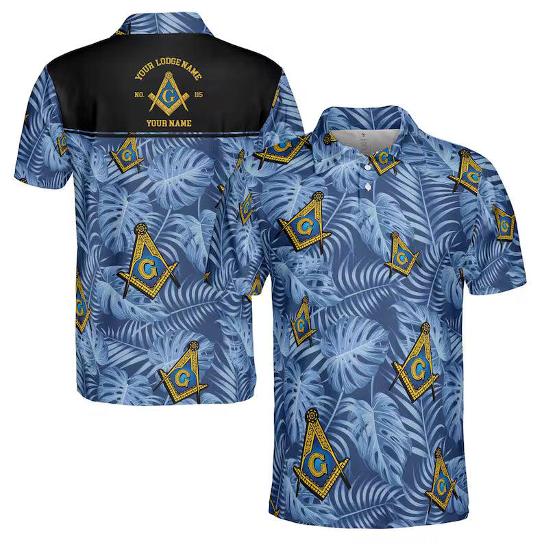 Customize Name Lodge Name Masonic Freemasonry Tropical Plants Blue Men's Polo Shirt