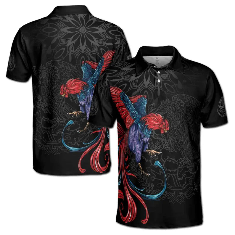 Rooster Graphic Chicken Mexican Aztec Black Eagle Men's Polo Shirt