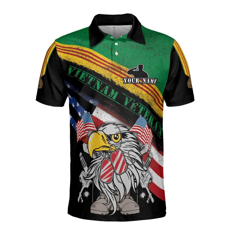 Vietnam Veteran Men's Polo Shirt: Custom Name, American Eagle Flag