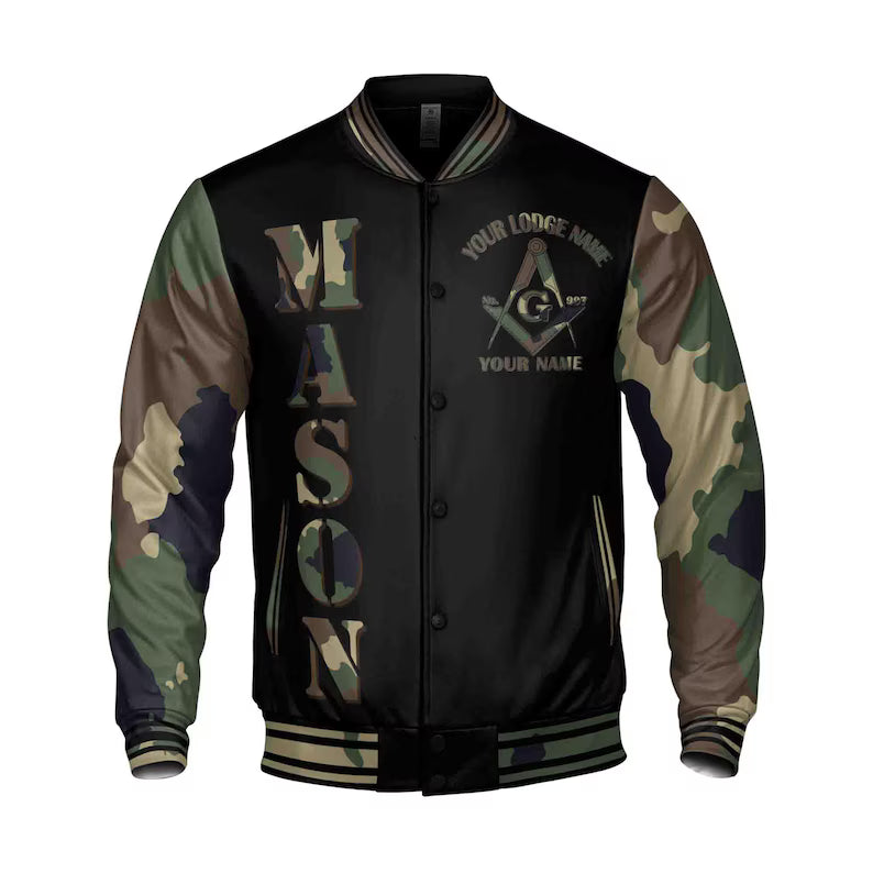 Custom Camo Freemason Masonic Symbol, Camouflage Freemasonary 3D Baseball Jacket