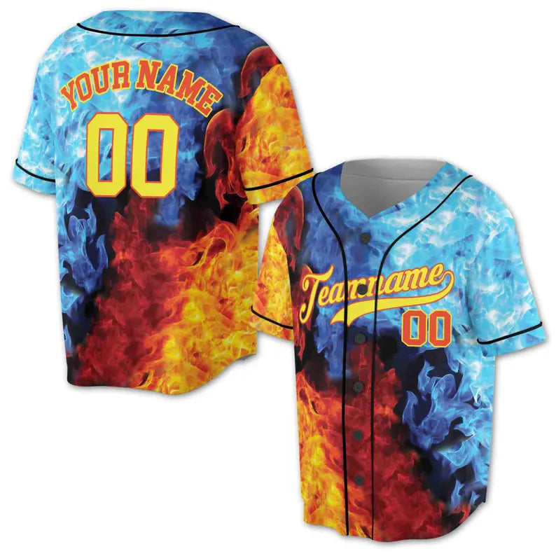 Personalized Opposing Flame Red and Blue Baseball Jersey, 3D Baseball Jersey Shirt