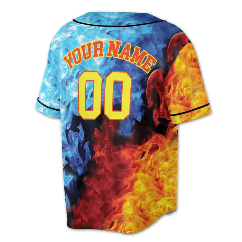 Personalized Opposing Flame Red and Blue Baseball Jersey, 3D Baseball Jersey Shirt