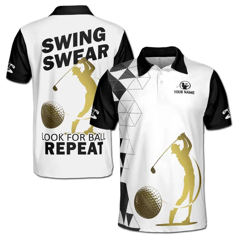 Customized Name Man Play Golf Golden Pattern Men's Polo