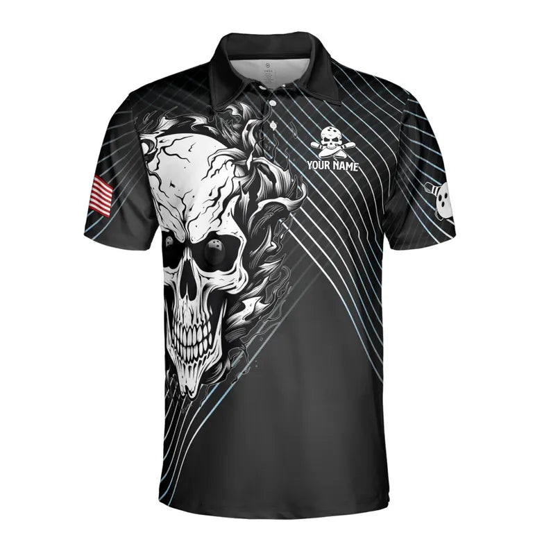 Custom Name Bowling Skull Design American Flag Men's Polo