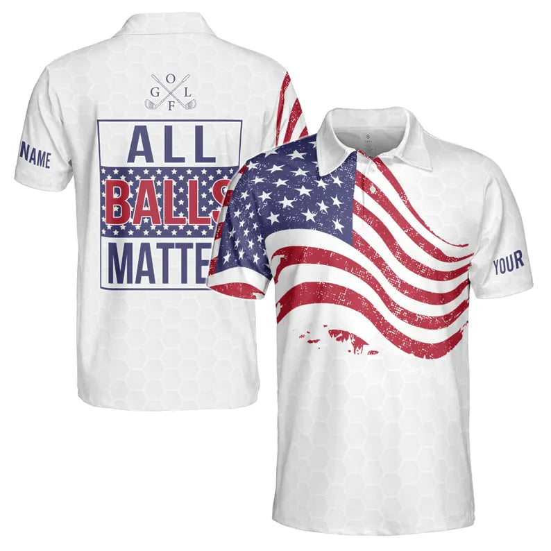 Custom Name Men's Golf Polo: American Flag Patriotic All Balls Matter Design