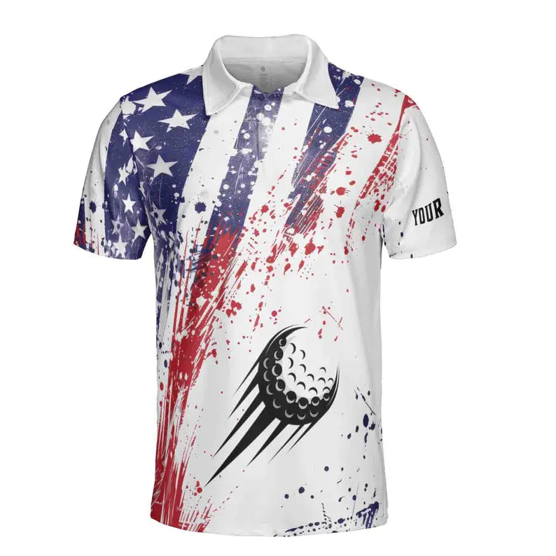 Custom Name America Flag Color Spatter Look For Ball Golf Men's Polo