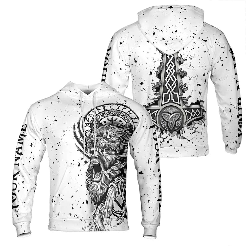 Custom Name Viking Warrior With Wolf Grunge Hoodie 3D