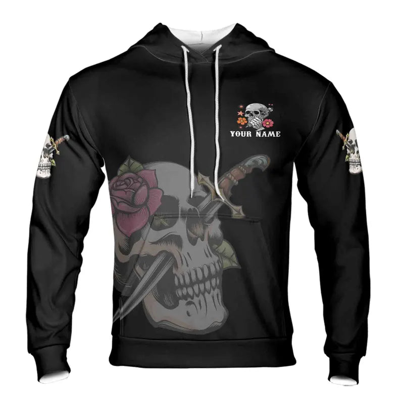 Custom Name Skull Tattoo Hoodie: All-Over Print Polyester Knit 3D