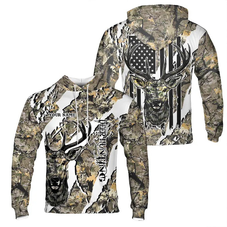 Custom Name Deer Hunting with Camouflage Pattern Hoodie 3D