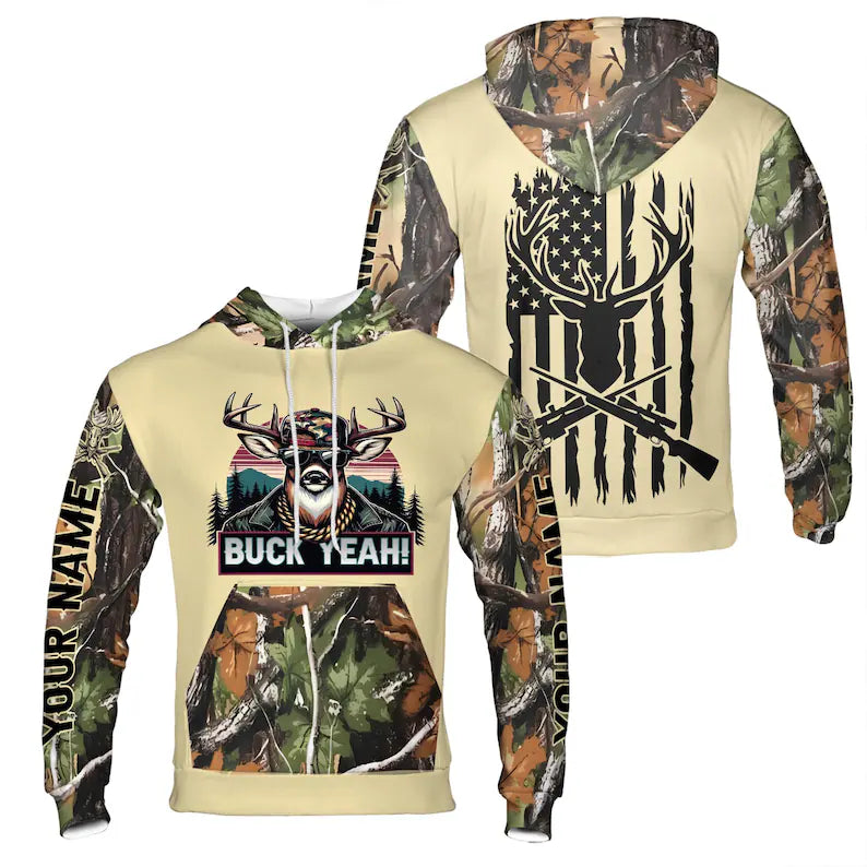 Custom Name Buck Yeah Army Dear Camo Pattern Hoodie 3D