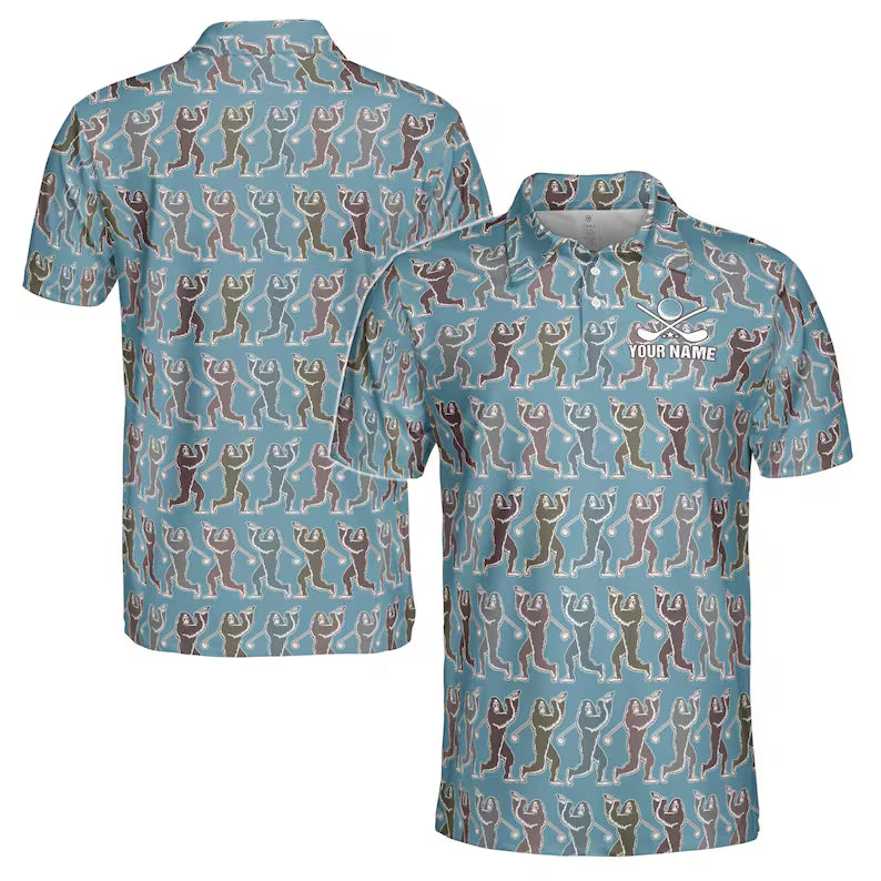 Custom Name Bigfoot Monkey Golf Ocean Blue Men's Polo