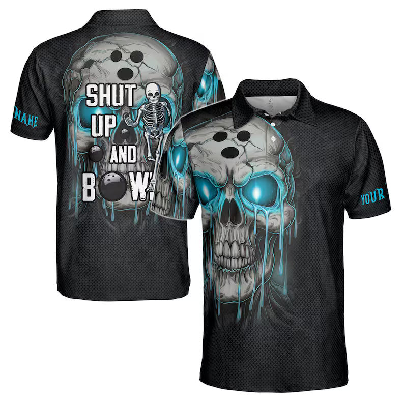 Custom Name Polo Shh Up and Bowling Melting Skull Men's Polo