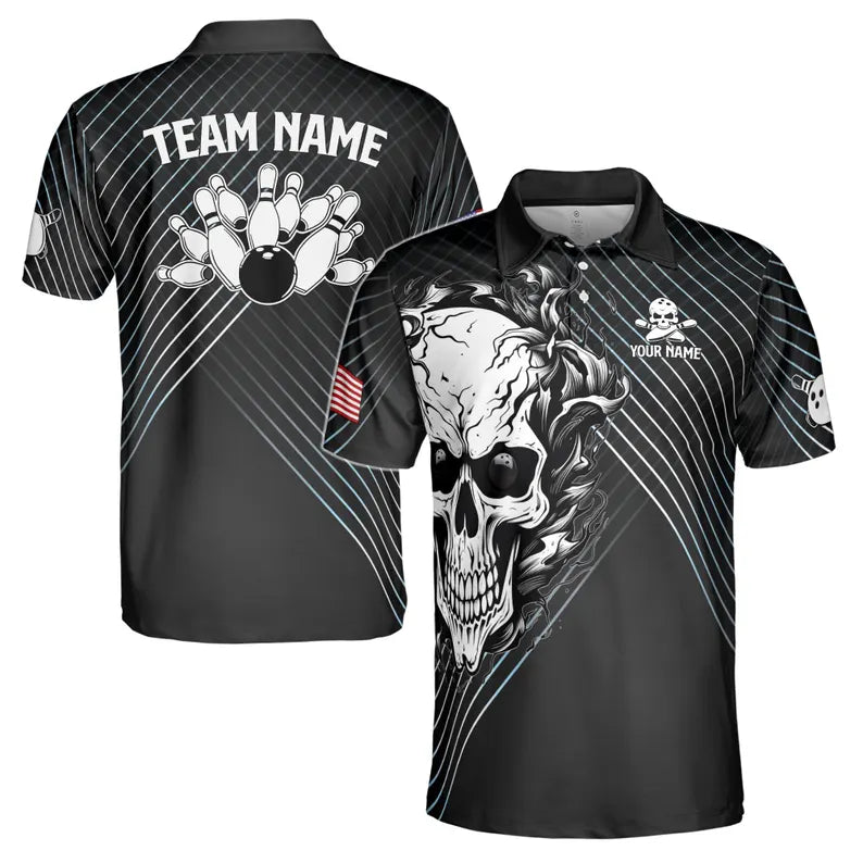 Custom Name Bowling Skull Design American Flag Men's Polo
