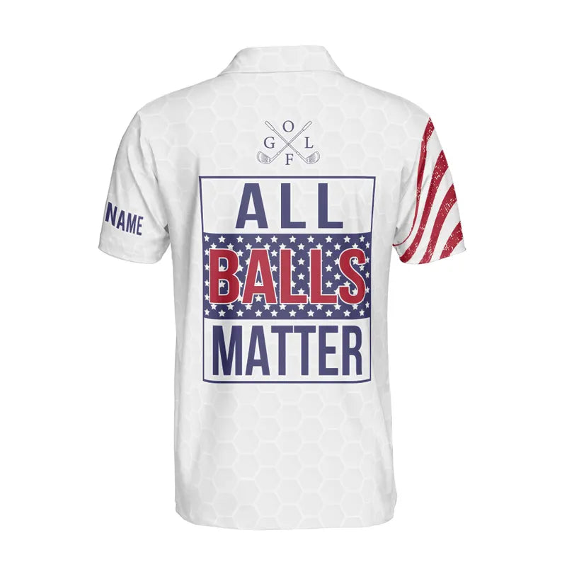 Custom Name Men's Golf Polo: American Flag Patriotic All Balls Matter Design