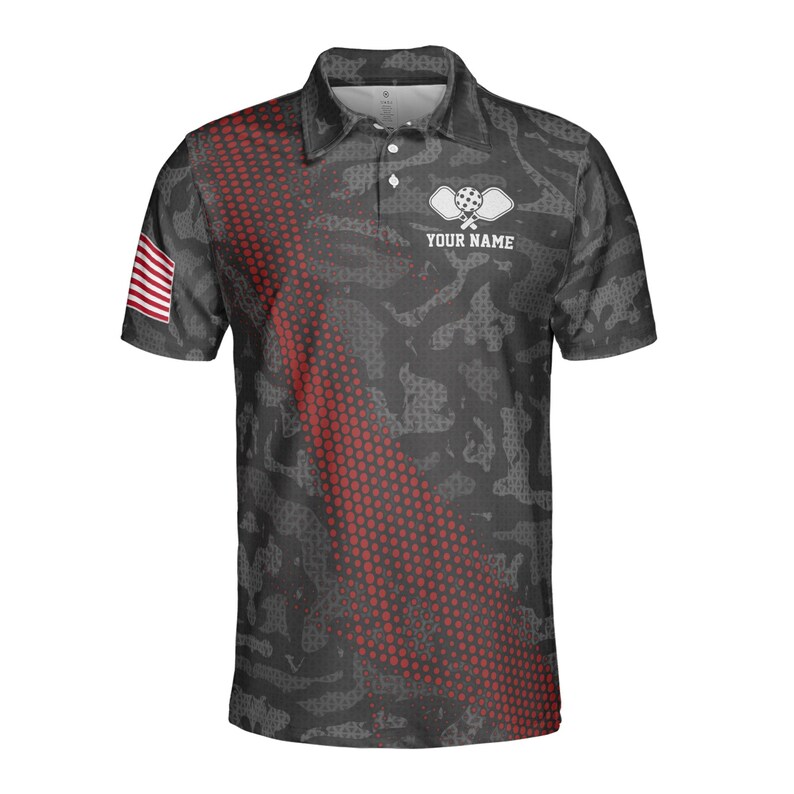 Customized Name Gray Camouflage American Flag Pickleball Men's Polo Shirt