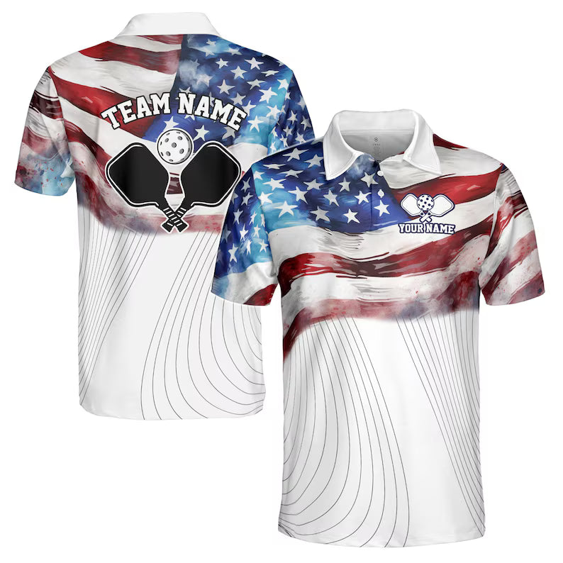Personalized Name American Flag Patrotic Pickleball Men's Polo Shirt