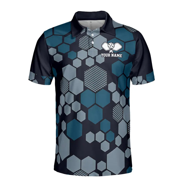 Custom Name Love Peace Pickleball Hexagon Pattern Men's Polo Shirt