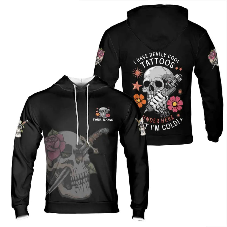 Custom Name Skull Tattoo Hoodie: All-Over Print Polyester Knit 3D