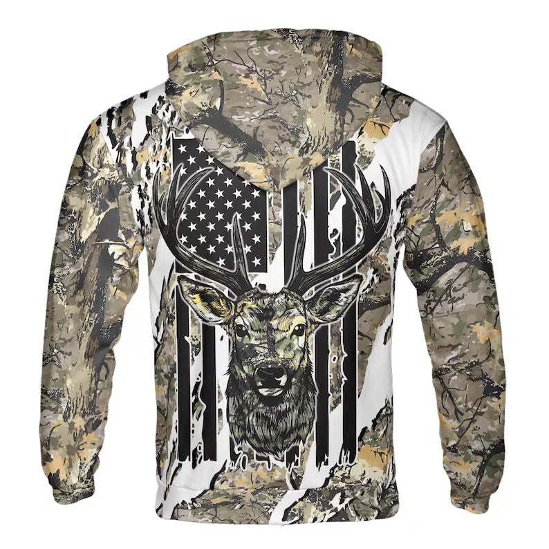 Custom Name Deer Hunting with Camouflage Pattern Hoodie 3D