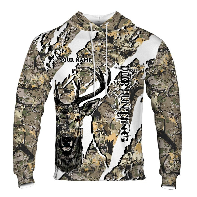 Custom Name Deer Hunting with Camouflage Pattern Hoodie 3D