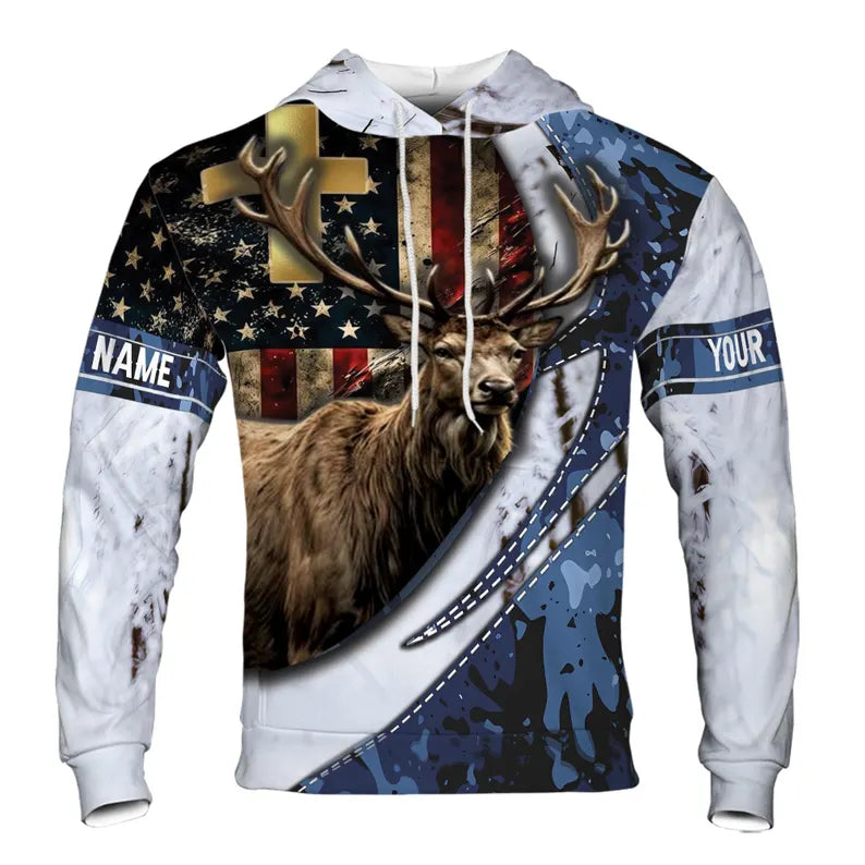 Custom Name Hunting Deer American Camouflage Flag Pattern Hoodie 3D