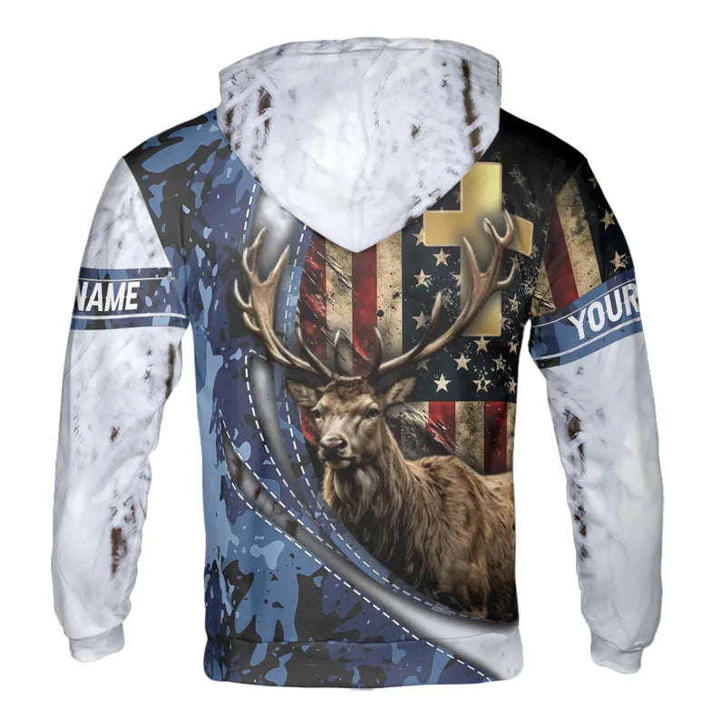 Custom Name Hunting Deer American Camouflage Flag Pattern Hoodie 3D