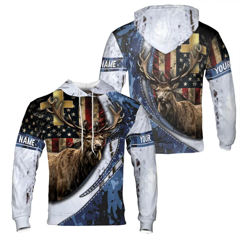 Custom Name Hunting Deer American Camouflage Flag Pattern Hoodie 3D
