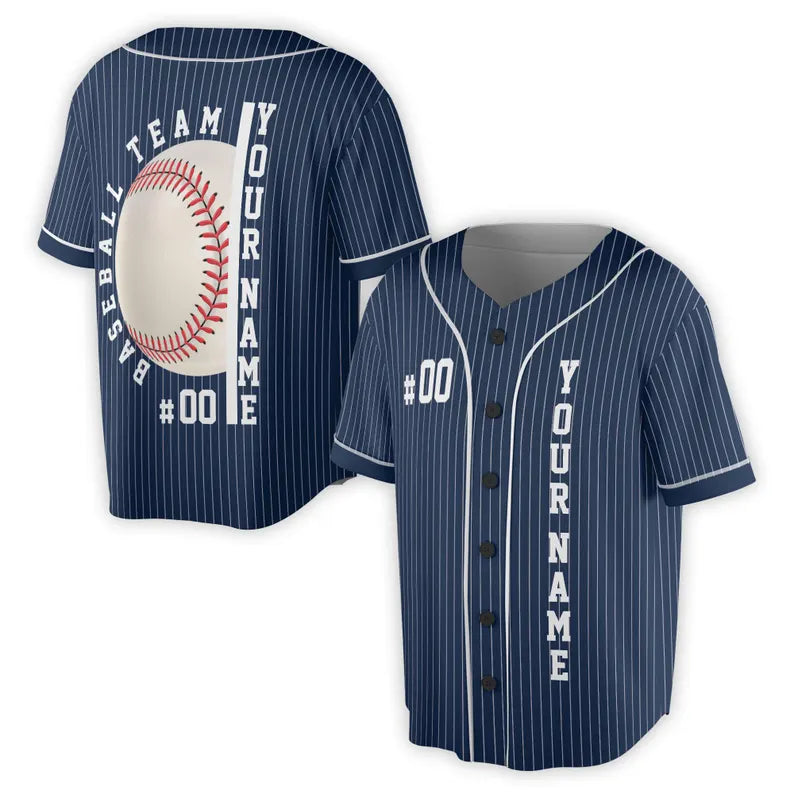 Custom Name Baseball Team Navy Blue with White Stripes Baseball Jersey, 3D Baseball Jesey Shirt