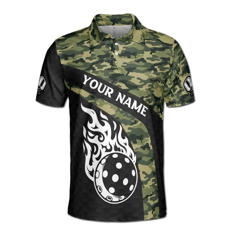 Personalized Name No Mercy Skull Pickleball Camo Pattern Men's Polo Shirt